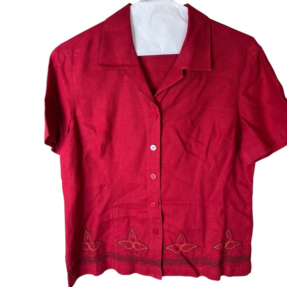 Vintage Embroidered Linen Pant Set Short Sleeve Button Up Top‎ Red Size M - Picture 1 of 15